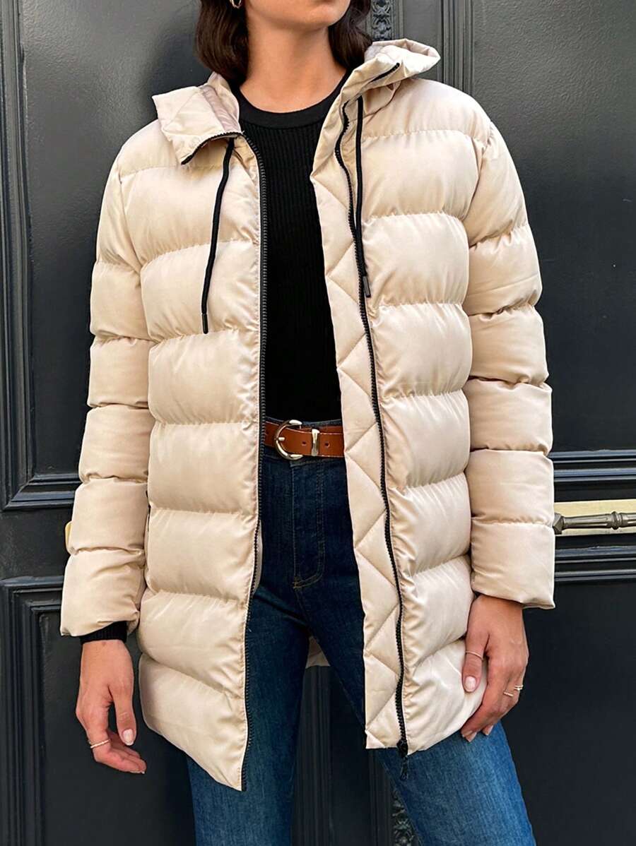 RueChic Zip Up Hooded Puffer Coat - Beige - View 1