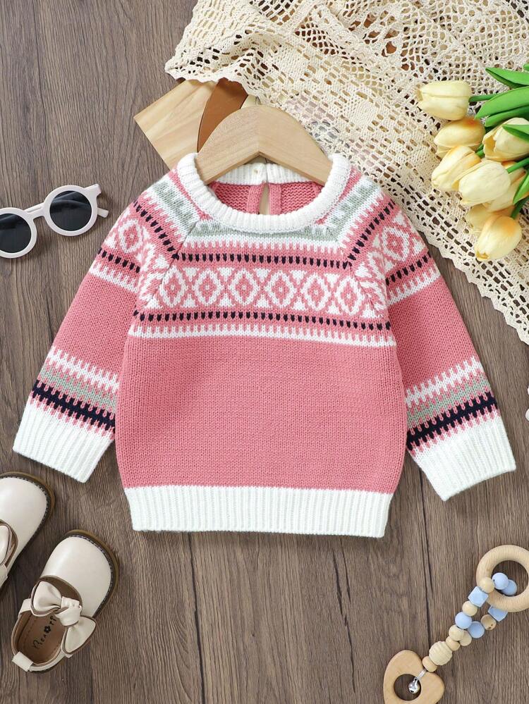 Baby Girl Geo Pattern Raglan Sleeve Sweater