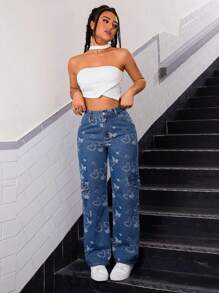 SHEIN ICON Loại bướm Dệt hoa Thiết kế Túi Denim Quần jean - Rửa tối - Xem 6