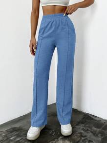 SHEIN Cottnline 净色弹性腰部斜口袋运动裤 - 藍色 - 查看 5