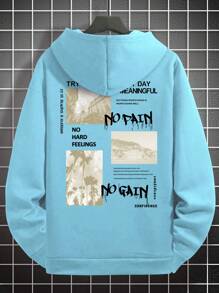 Manfinity Homme 男款寬鬆落肩帶風帽上衣,印有字母和棕櫚樹圖案 - 藍色 - 查看 2