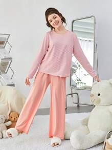 SHEIN Teen Girls' Striped Knit T-shirt And Solid Color Long Pants Homewear - Pink - View 4