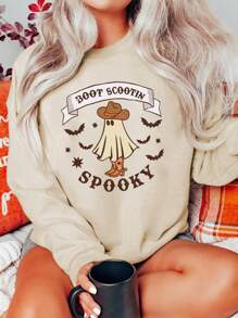 SHEIN EZwear Cartoon & Letter Graphic Drop Shoulder Sweatshirt - Apricot - View 1