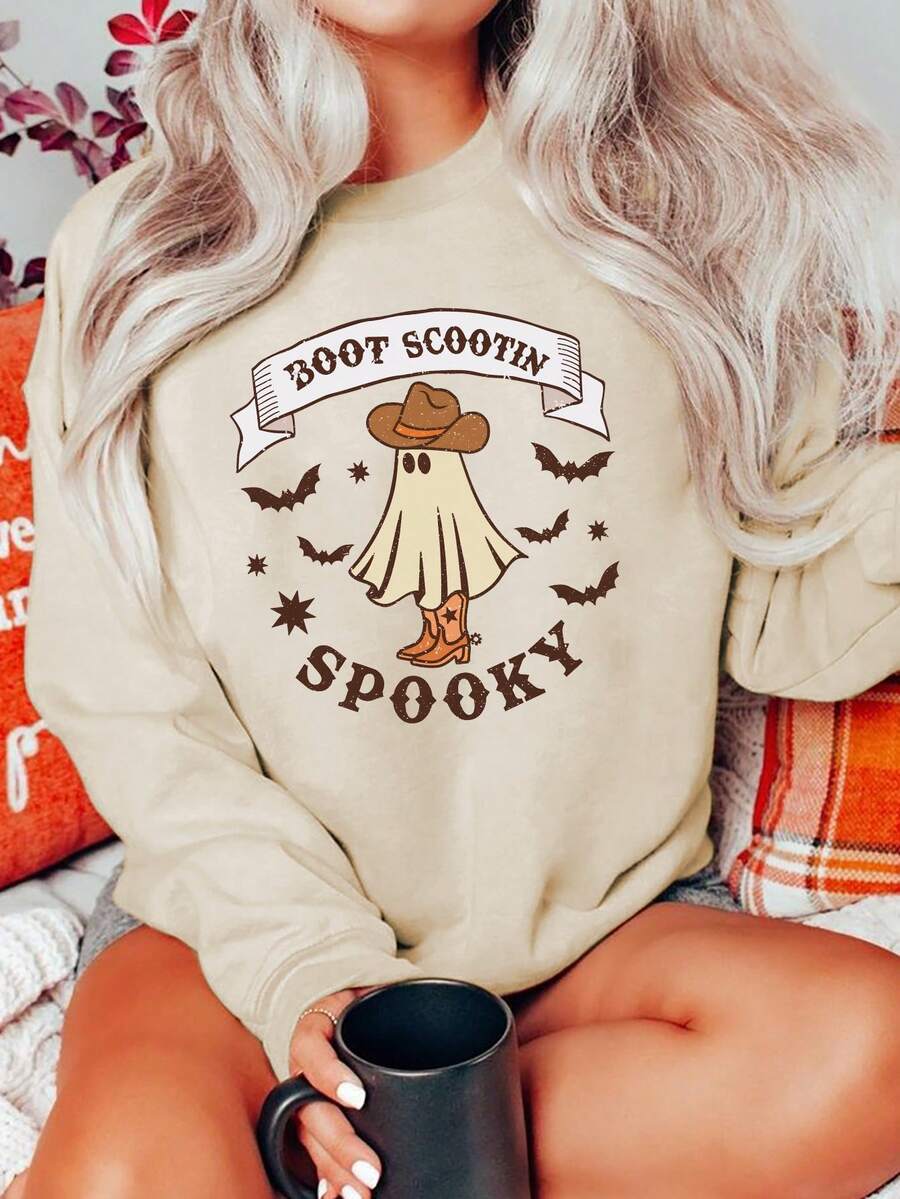 SHEIN EZwear Cartoon & Letter Graphic Drop Shoulder Sweatshirt - Apricot - View 1