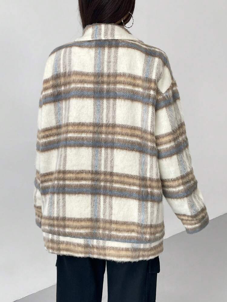 Plaid Print Letter Patched Drop Shoulder Overcoat