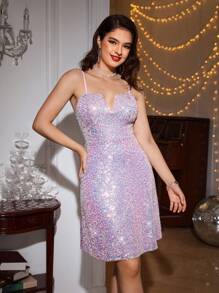 Allurite Notched Neckline Sequin Cami Dress - Baby Pink - View 1