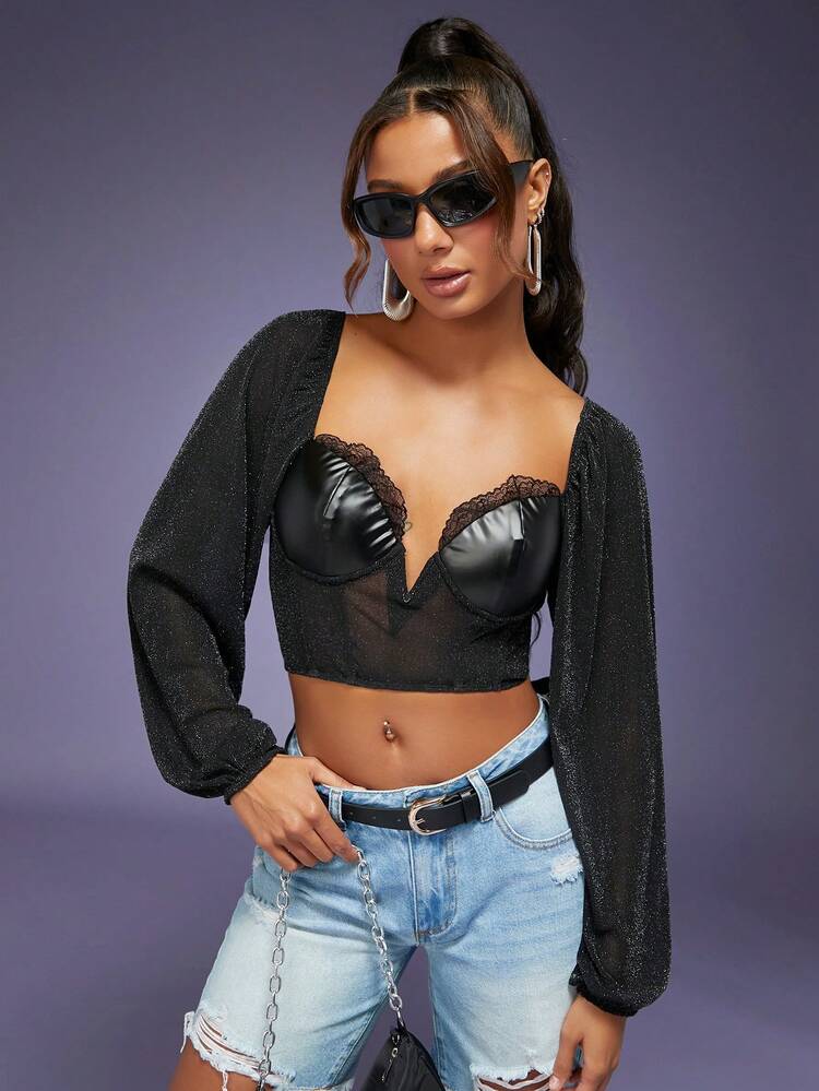 Women's Patchwork PU Leather Sweetheart Neck Sequin Lantern Sleeve Cropped Fashionable Top