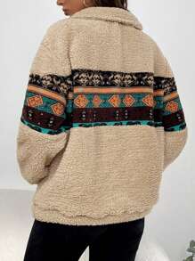 SHEIN LUNE In Địa lý Túi kangaroo Thả vai Teddy Áo nỉ - Màu Khaki - Xem 2