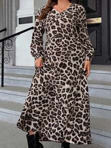 SHEIN LUNE 大碼豹紋印花燈籠袖洋裝不附腰帶 - 彩色 - 查看 5
