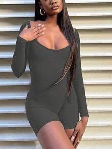 Women Fashion Sexy Long Sleeves Casual Streetwear Sport Daily Spring Summer Romper - Grey - View 3