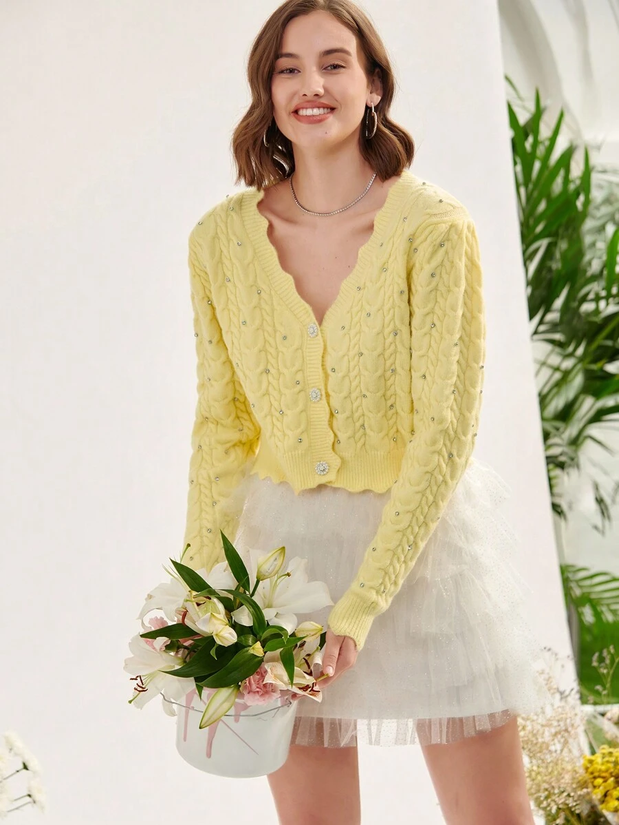 Enchnt Solid Scallop Trim Cardigan - Yellow - View 1