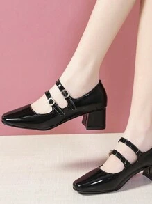 新款高跟瑪麗珍小方形黑色復古法語PU皮革鞋