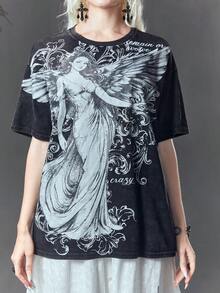 ROMWE Goth 女士肖像及字母印花圓領t恤 - 黑色 - 查看 7