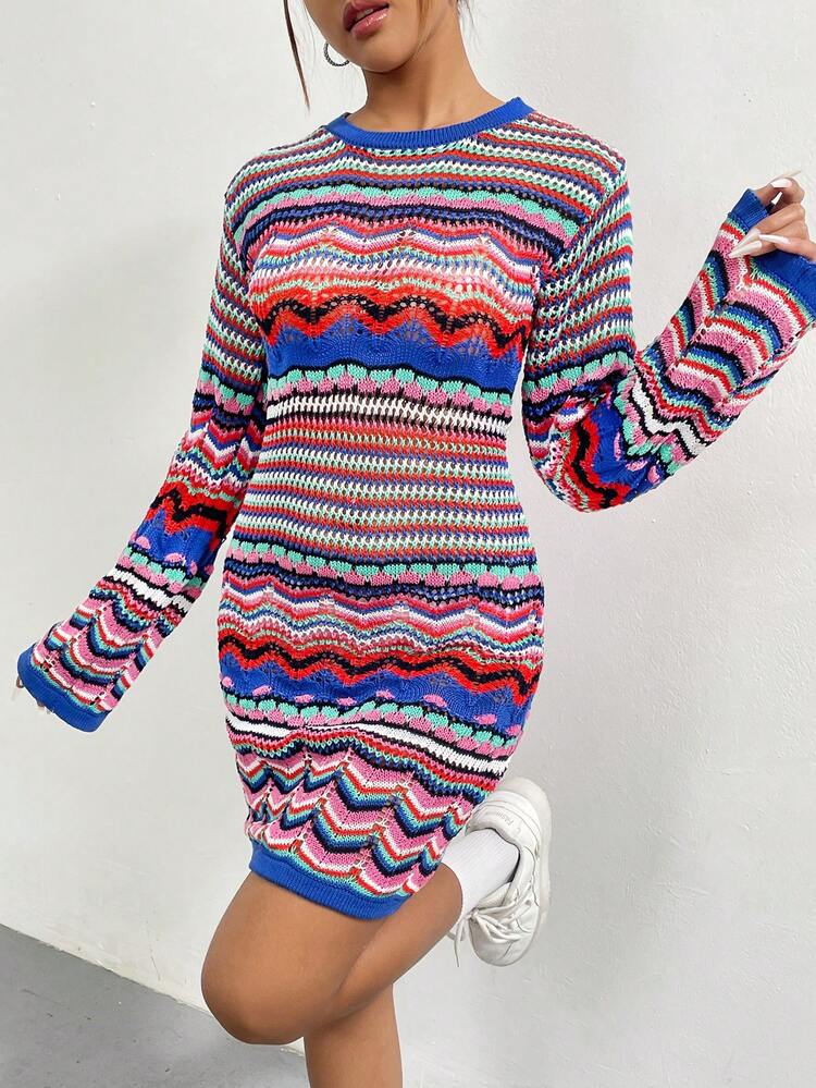 Chevron & Striped Pattern Pointelle Knit Sweater Dress