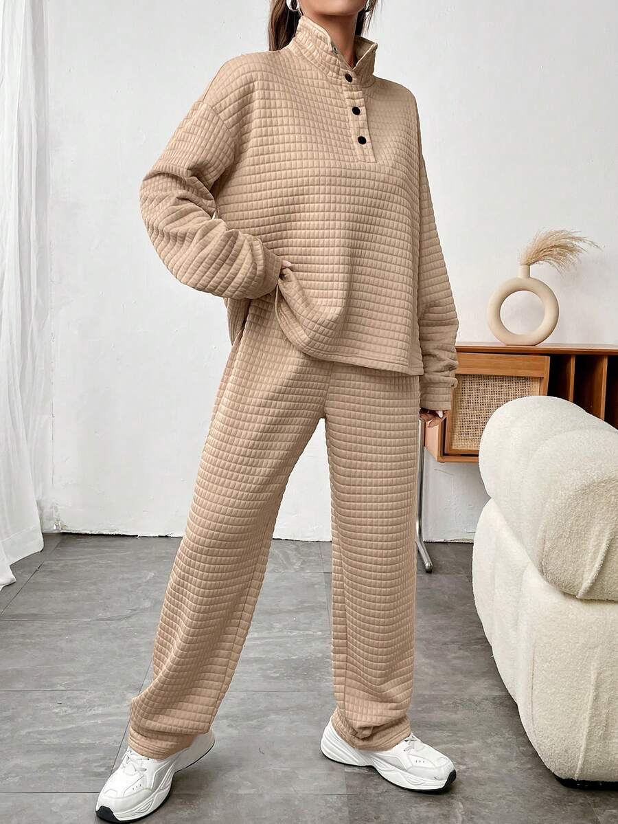 SHEIN Unity Half Button Drop Shoulder Sweatshirt & Sweatpants - Khaki - View 1