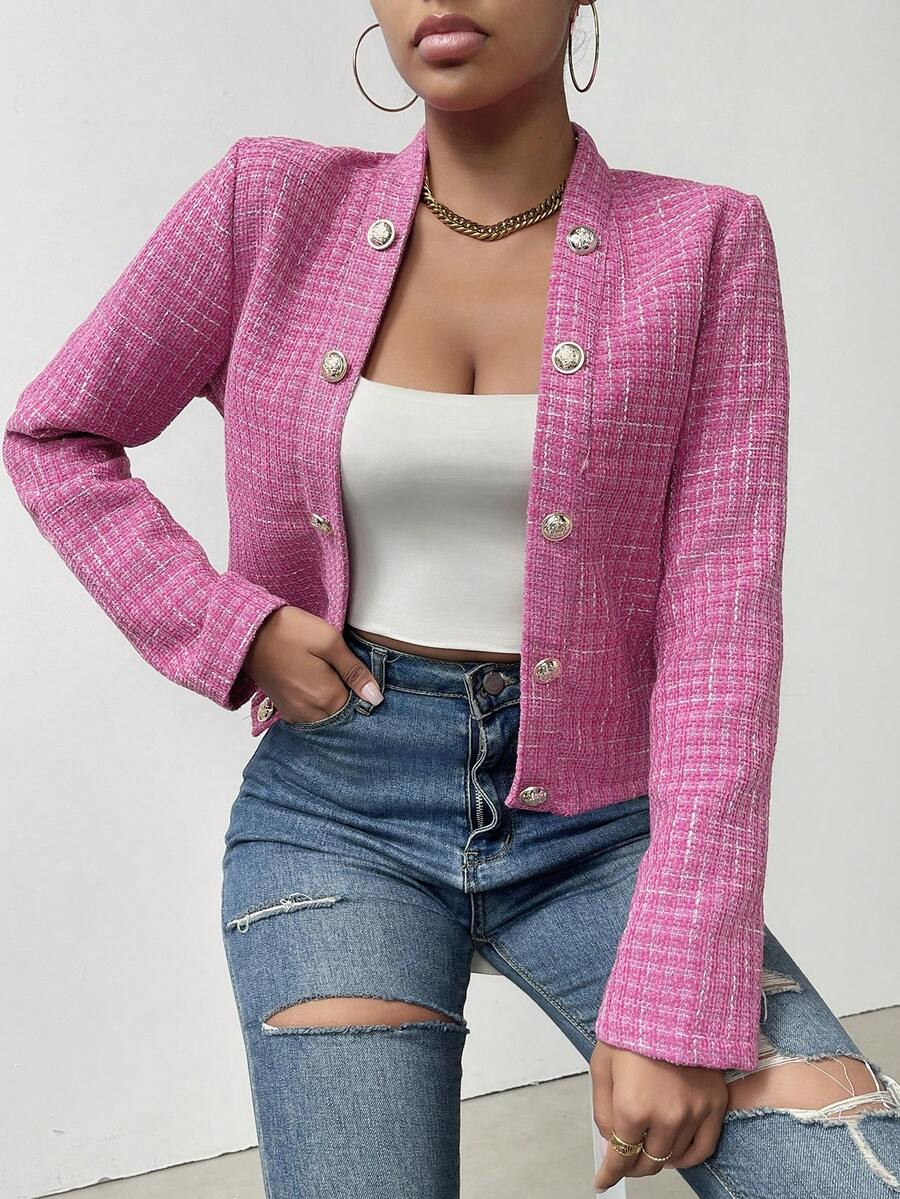 SHEIN Essnce 格紋印花前紐扣夾克 - 粉色 - 查看 1