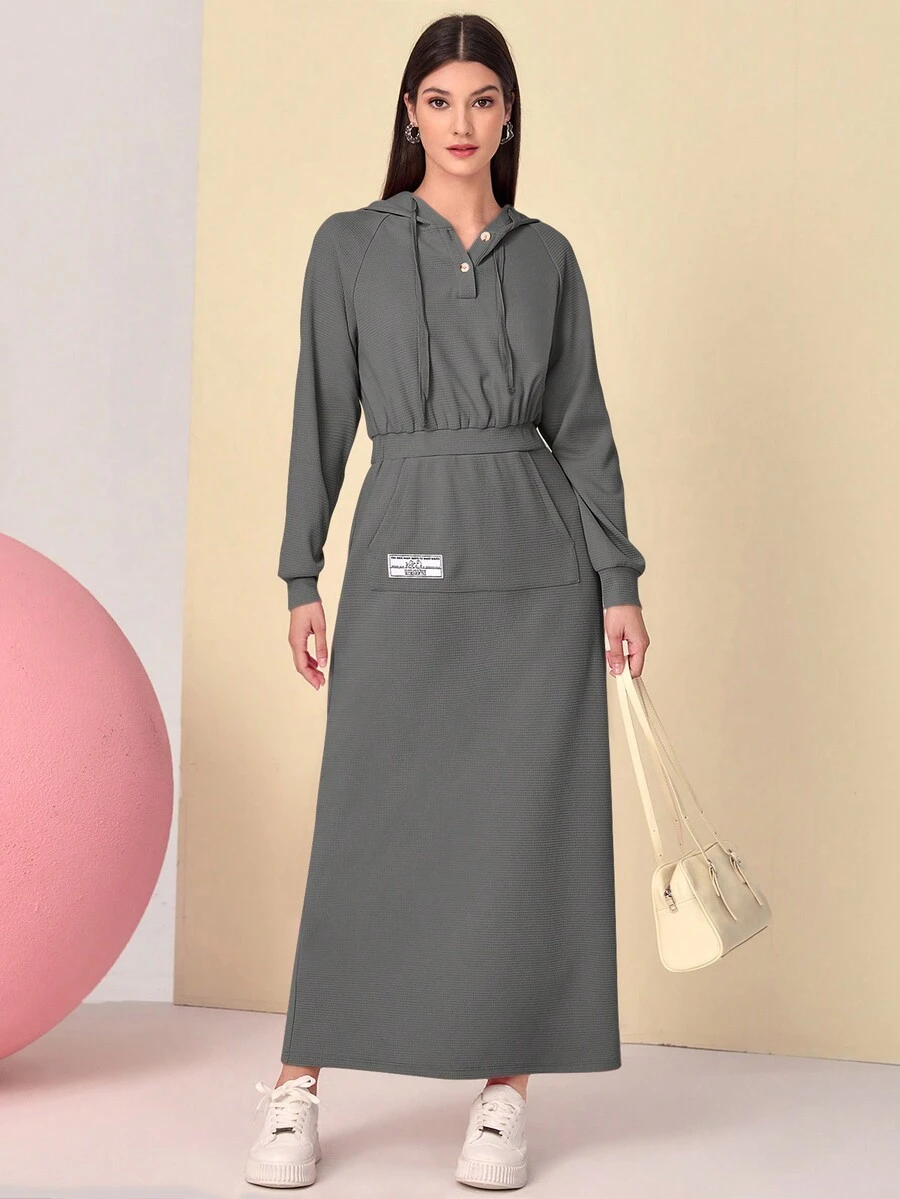 Mulvari Letter Patched Detail Drawstring Hooded 2 In 1 Dress - Grey - View 1