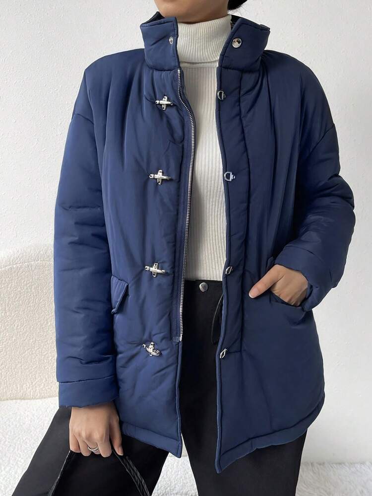 Flap Pocket Drop Shoulder Hooded Padded Coat