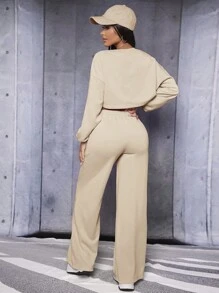SHEIN PETITE Drop Shoulder Crop Pullover & Drawstring Waist Pants - Khaki - View 2