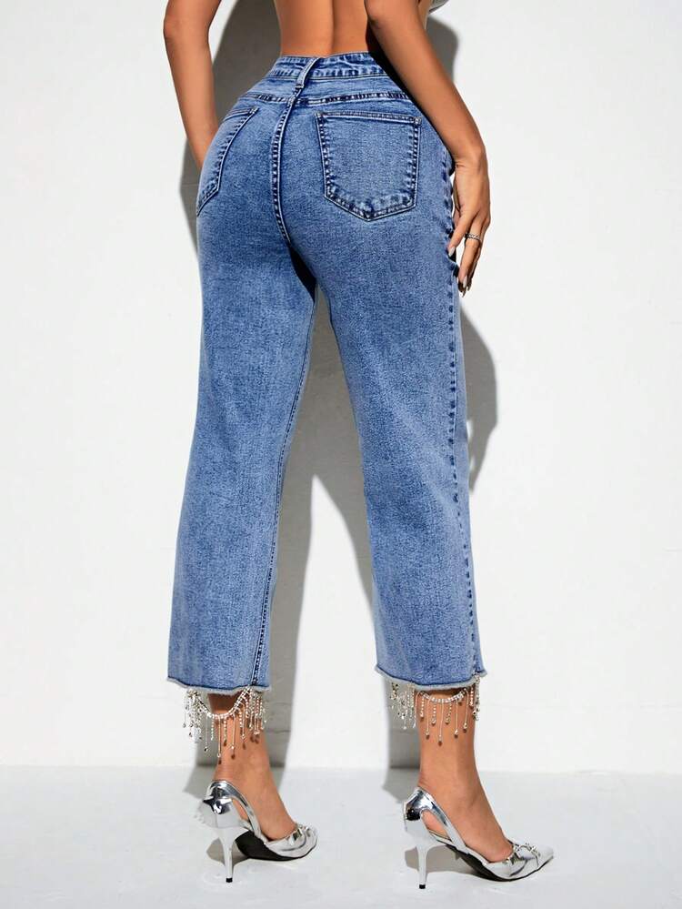 Rhinestone Hem Flare Leg Crop Jeans