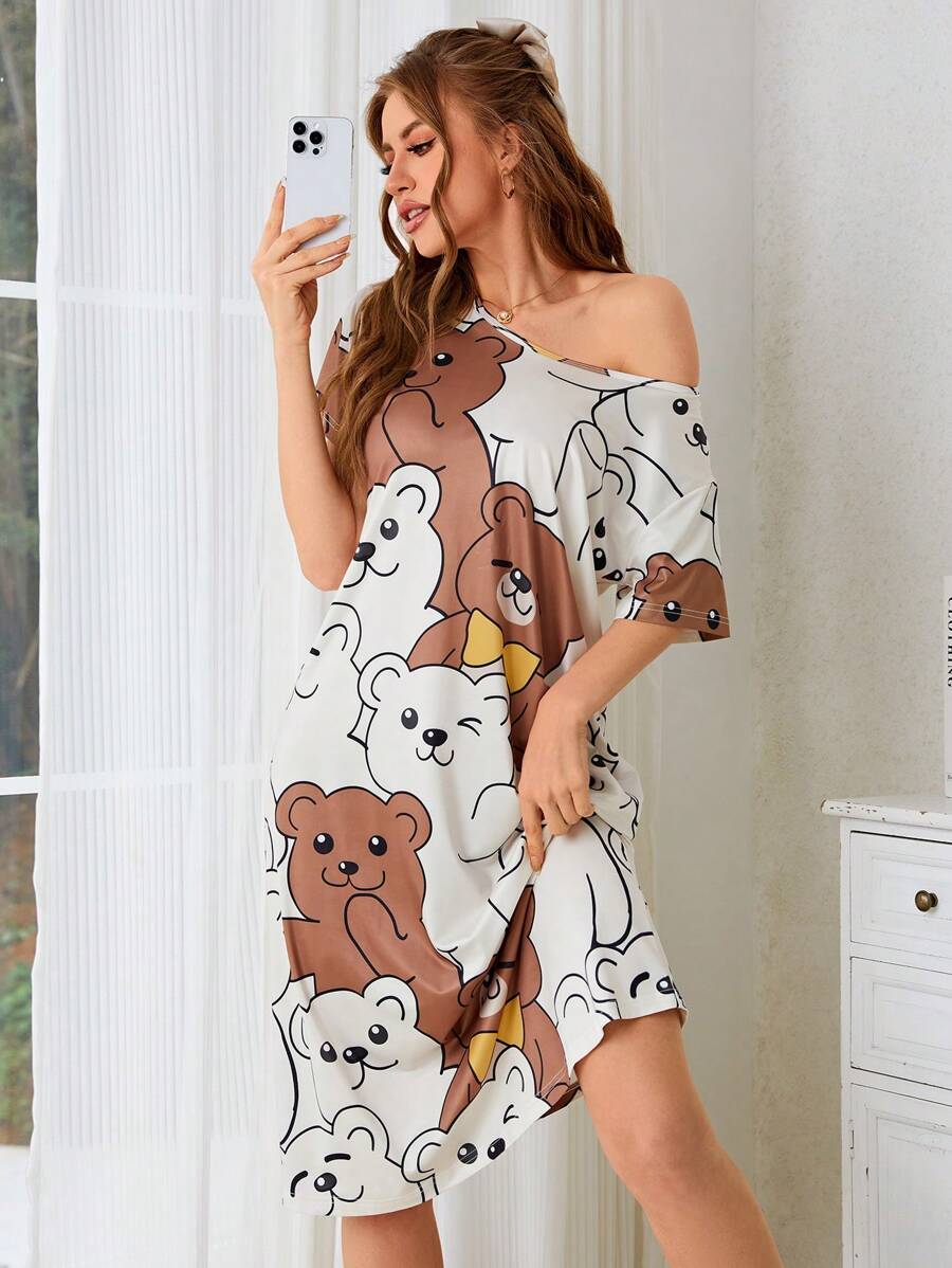 卡通印花睡衣长裙 Moo Moo - 卡其色 - 查看 1