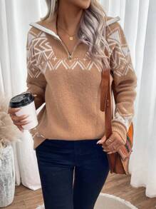 EMERY ROSE Women's Geometric Pattern Loose Fit Sweater With Zipper And Drop Shoulders Knit Pullover Fall Winter Outfit - Khaki - View 5