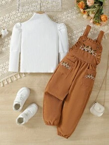 SHEIN Young Girl Floral Embroidery Ruffle Trim Overall Jumpsuit & Gigot Sleeve Tee - Brown - View 6