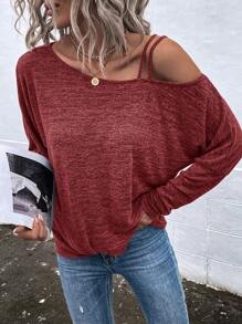 SHEIN LUNE Solid Asymmetrical Neck Batwing Sleeve Tee - Redwood - View 3