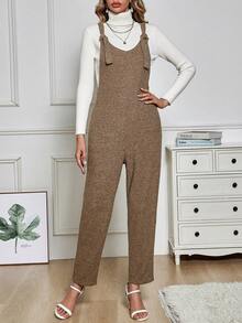SHEIN LUNE Của phụ nữ Màu thuần Áo liền quần Suspender - Màu Khaki - Xem 3