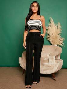 SHEIN SXY 高腰絲絨喇叭西裝褲 - 黑色 - 查看 3