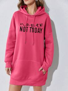 SHEIN EZwear 標語圖案袋鼠口袋落肩袖抽繩連帽洋裝 - 玫紅色 - 查看 7