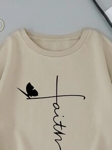 SHEIN EZwear Hoạt hình Bướm & Chữ cái Lót nhiệt Áo nỉ - Màu Khaki - Xem 4