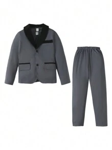 Tween Boy Contrast Panel Shawl Collar Blazer & Pants - Dark Grey - View 1