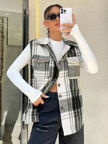 SHEIN Unity Plaid Print Flap Pocket Vest Overcoat - Black and White - View 6