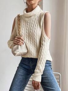 SHEIN Essnce Áo cao cổ Vai lạnh Xoắn Dan Áo len - Màu be - Xem 3