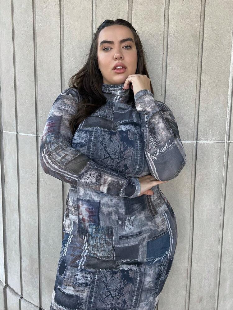 Plus Size Patchwork Printed Long Sleeve Bodycon Dress