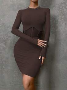 Allurite Solid Mesh Insert Ribbed Knit Bodycon Dress - Coffee Brown - View 4
