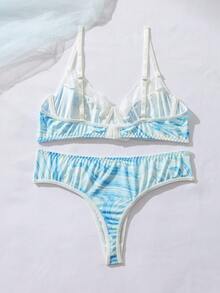 SHEIN Set de lencería con estampado de mármol con encaje en contraste con aro - Azul - Ver 2