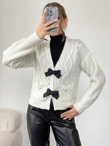 EURMUSE Butterfly Bow Detail Cable Knit Cardigan Sweater - White - View 3