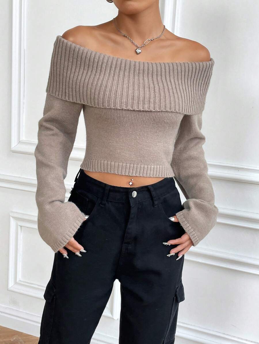 Flirla Foldover Off Shoulder Crop Sweater,Long Sleeve Tops Knit Pullover Fall Winter Sweater - Khaki - View 1