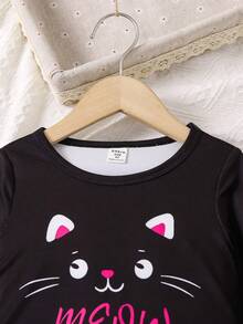 SHEIN Nhỏ bé Cô gái Phim hoạt hình mèo in Áo thun Và In hoa Báo Xà cạp 2 cái/bộ - Nhiều màu - Xem 6