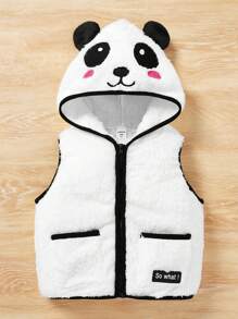 SHEIN Young Girl Contrast Binding Cartoon Embroidery 3D Ear Design Hooded Vest Jacket - Black and White - View 1