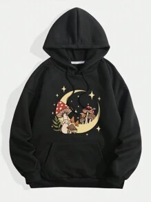 SHEIN Essnce Women's Hooded Sweatshirt With Moon & Mushroom Printed And Drawstring - Black - View 1