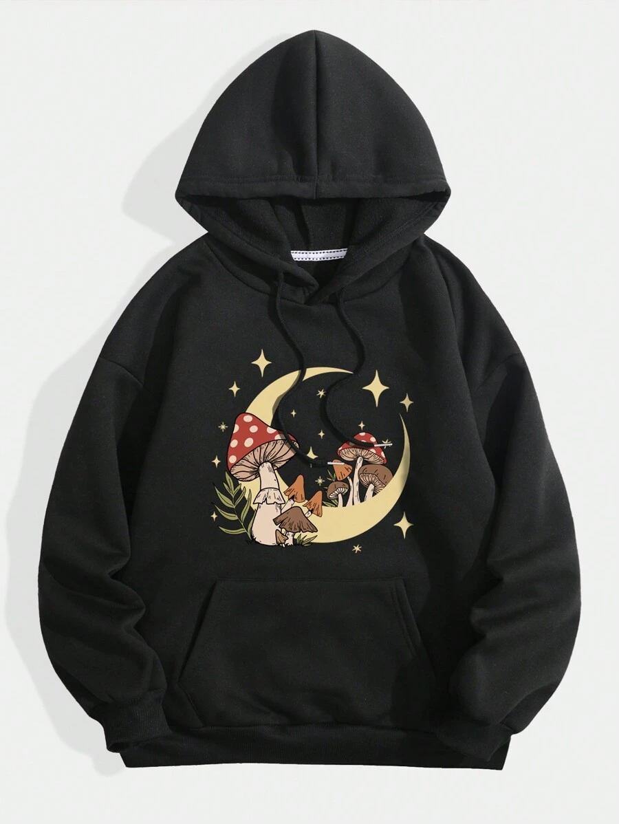 SHEIN Essnce Women's Hooded Sweatshirt With Moon & Mushroom Printed And Drawstring - Black - View 1