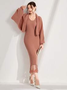 Modelyn Fringe Hem Sweater Dress & Cardigan 2 Piece Set Fall Cloth For Women - Redwood - View 5