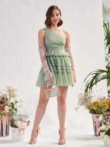 Enchnt Vestido de un hombro bajo con fruncido de malla