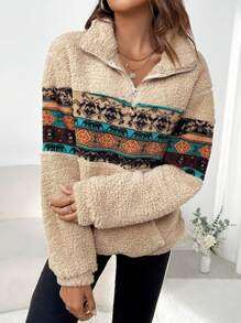 SHEIN LUNE In Địa lý Túi kangaroo Thả vai Teddy Áo nỉ - Màu Khaki - Xem 4