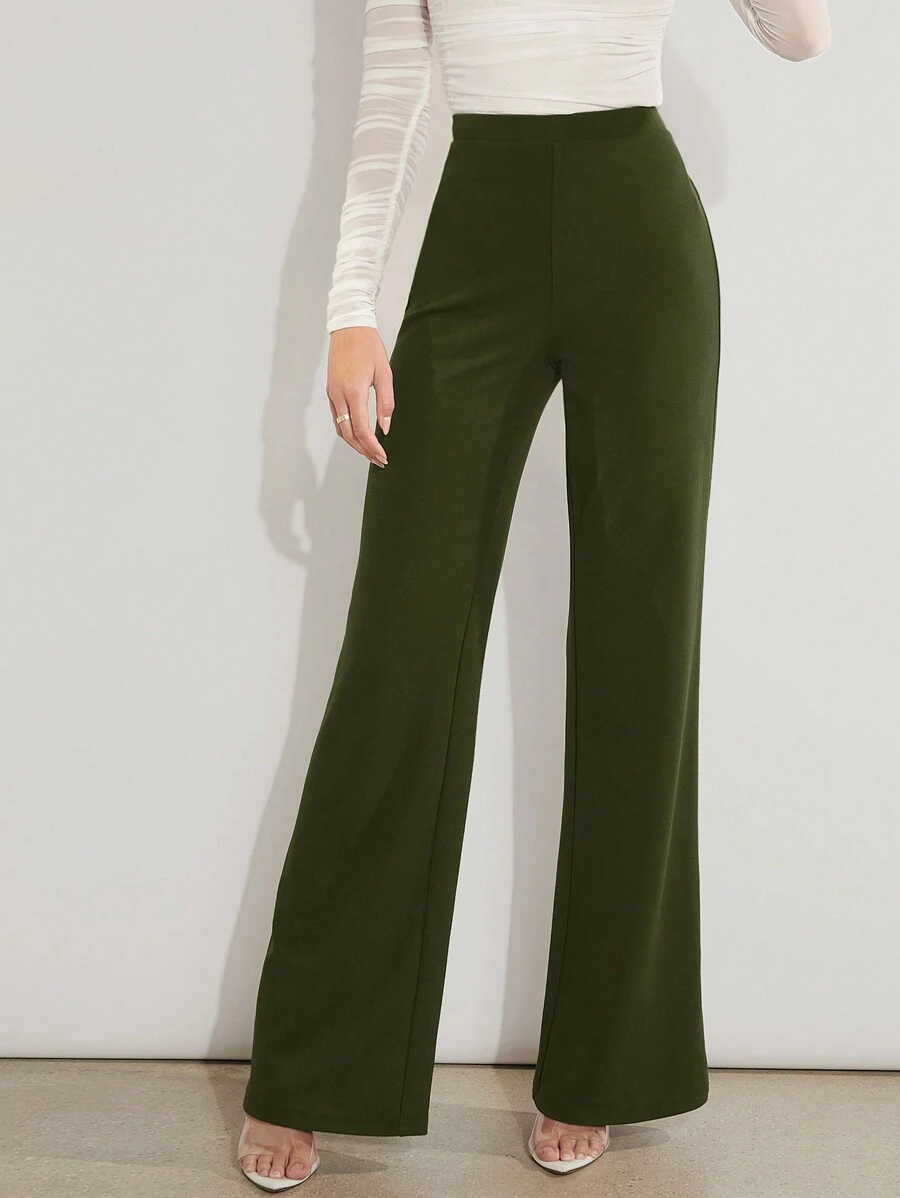 Firerie Solid High Waist Wide Leg Pants - Army Green - View 1