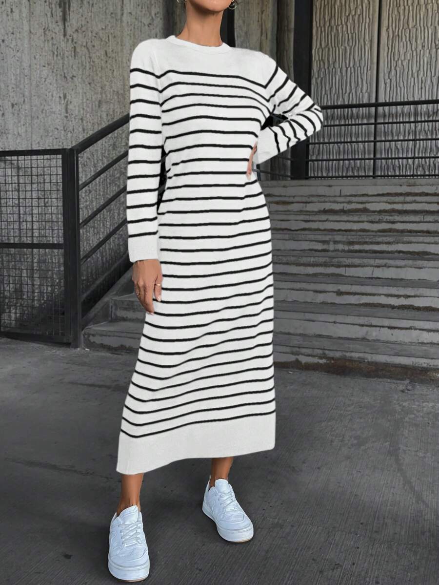 SHEIN Cottnline Striped Long Sleeve Round Neck Sweater Dress - White - View 1