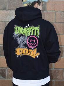 Manfinity Roghcode Men Plus Letter & Palm Tree Print Kangaroo Pocket Drawstring Thermal Hoodie - Black - View 1